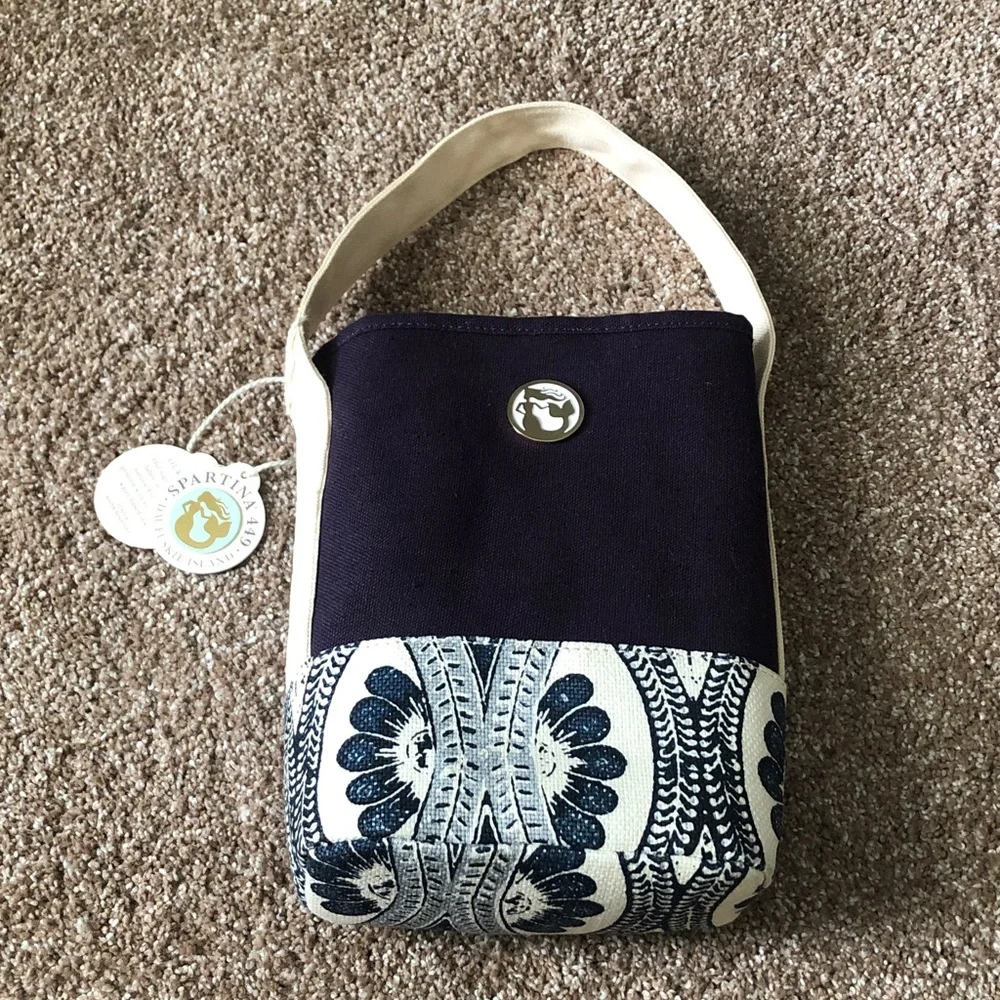 Spartina 449 Double Wine Caddy Ashley River navy blue/off white linen New - Picture 10 of 10